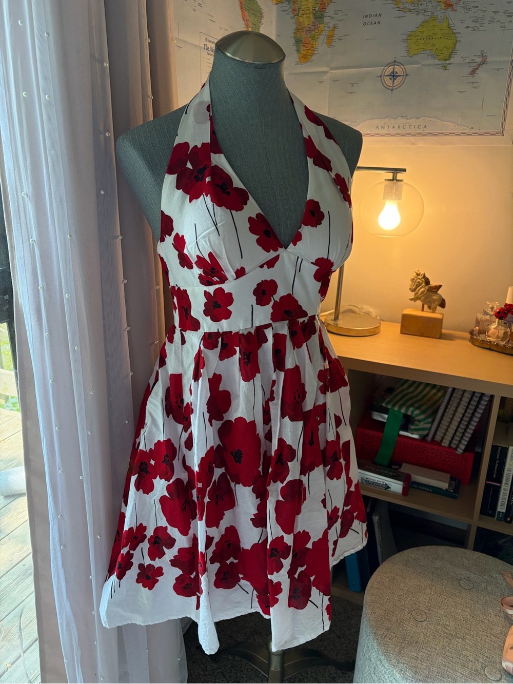 Muse White Halter Dress with Red Floral Print